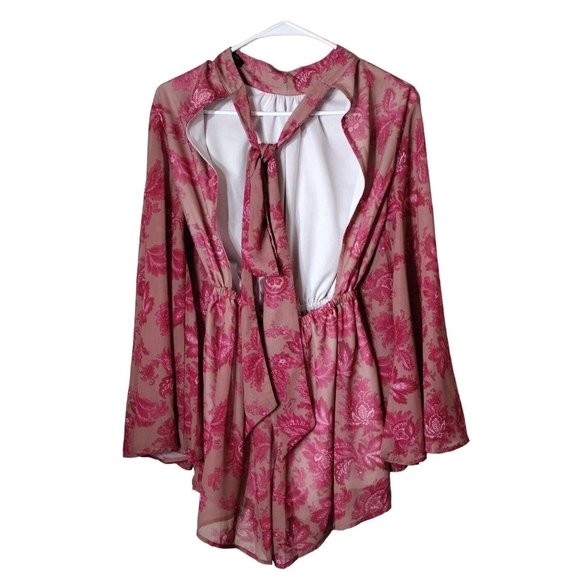 Haute Rogue Romper Womens XS Open Back Long Bell Sleeve Elastic Waist Tie Neck - Picture 2 of 10